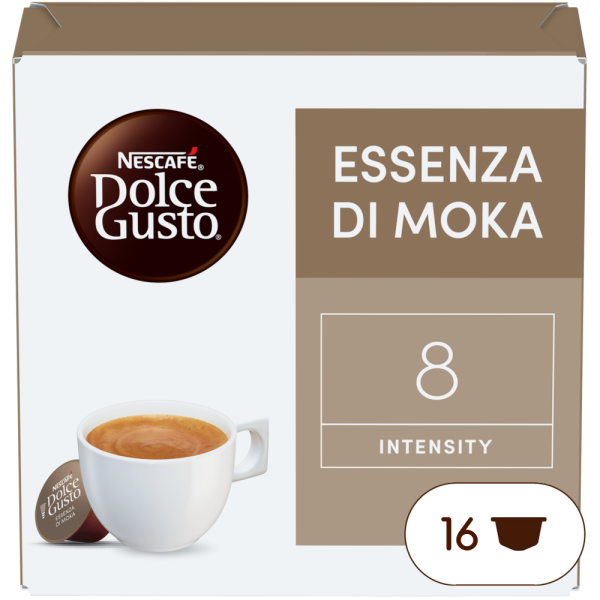 Front view of Essenza di Moka (16 pods) box